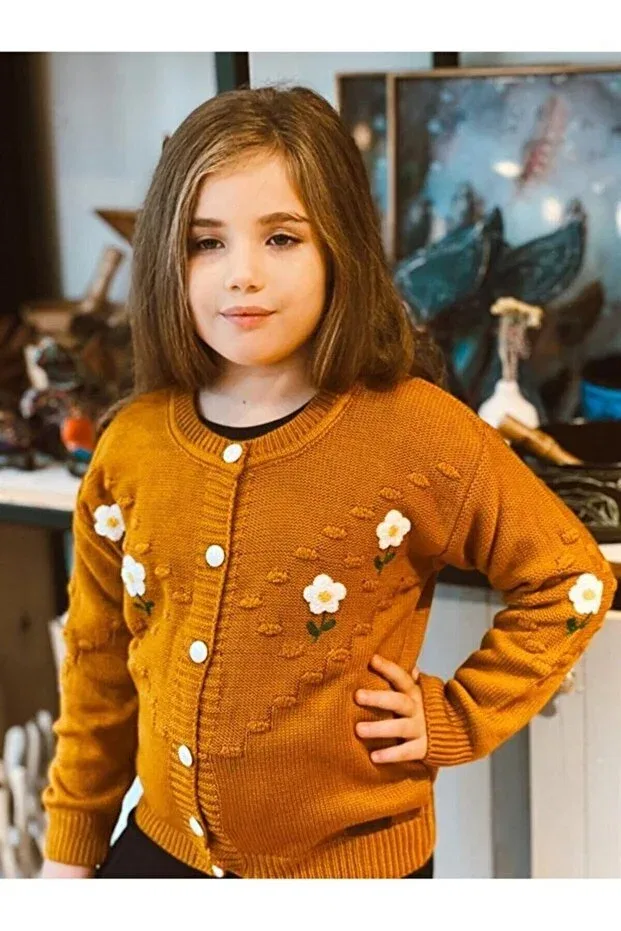 Детский кардиган с вышивкой ромашек Hilal Akıncı Kids, Hardal — фото 2