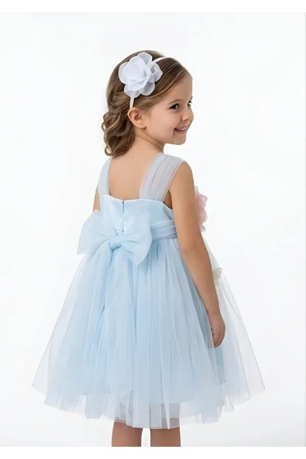 Детское платье для девочек с принтом Baby Blue Tulle Dress With Crown Accessory And Floral Front Moda, Blue — фото 4