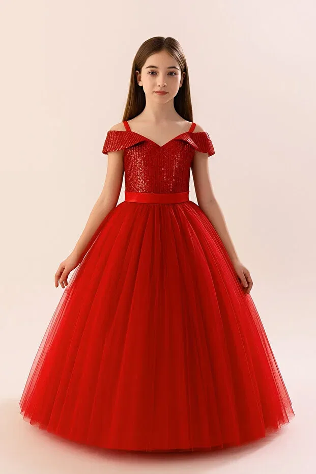 Детское платье для девочек с пайетками Elegant sequined off the shoulder tulle dress princess gown Tomac, Red
