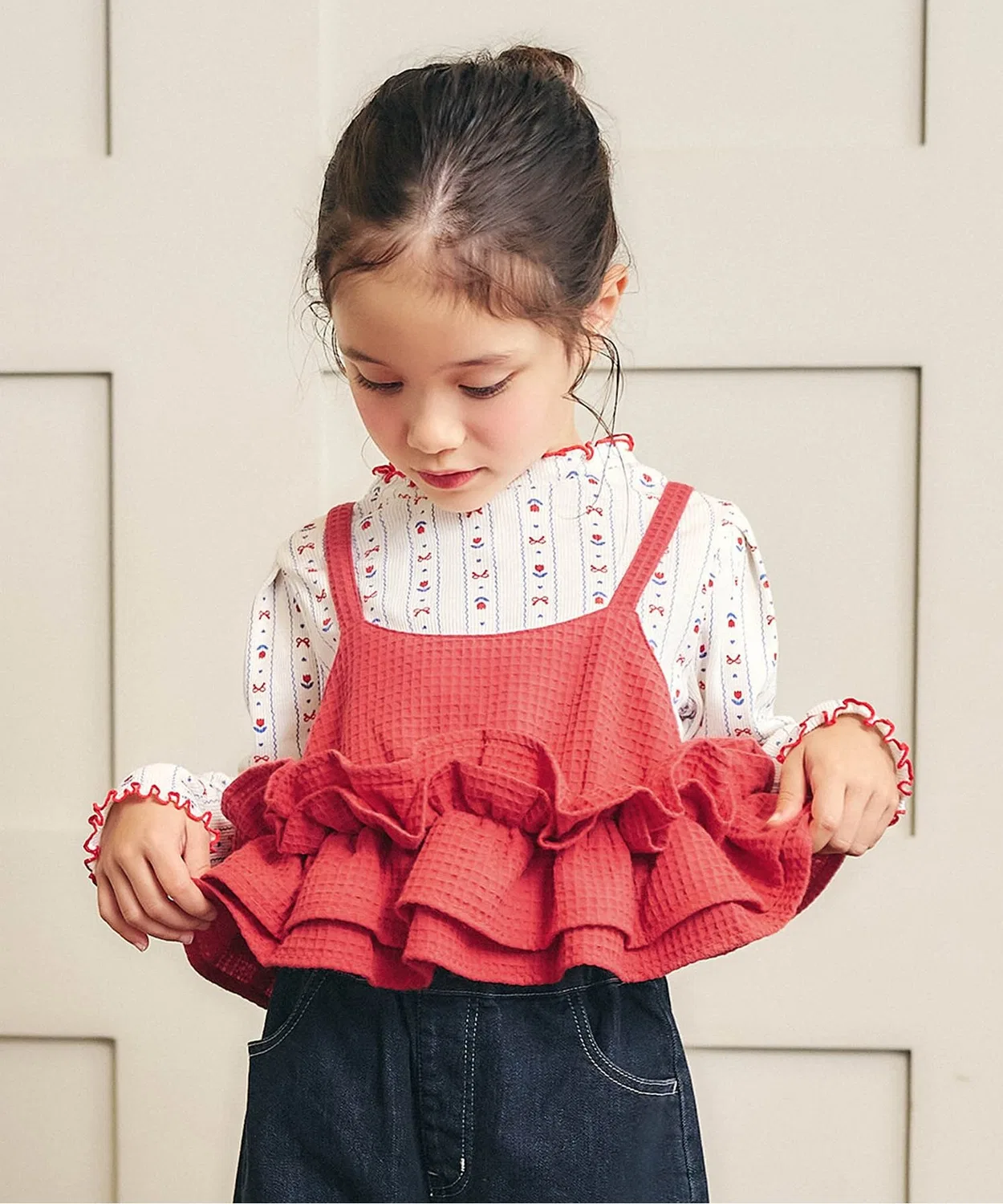 Детский топ-бюстье из вафли с рюшами, модель Waffle Frill Bustier, apres les cours, Red