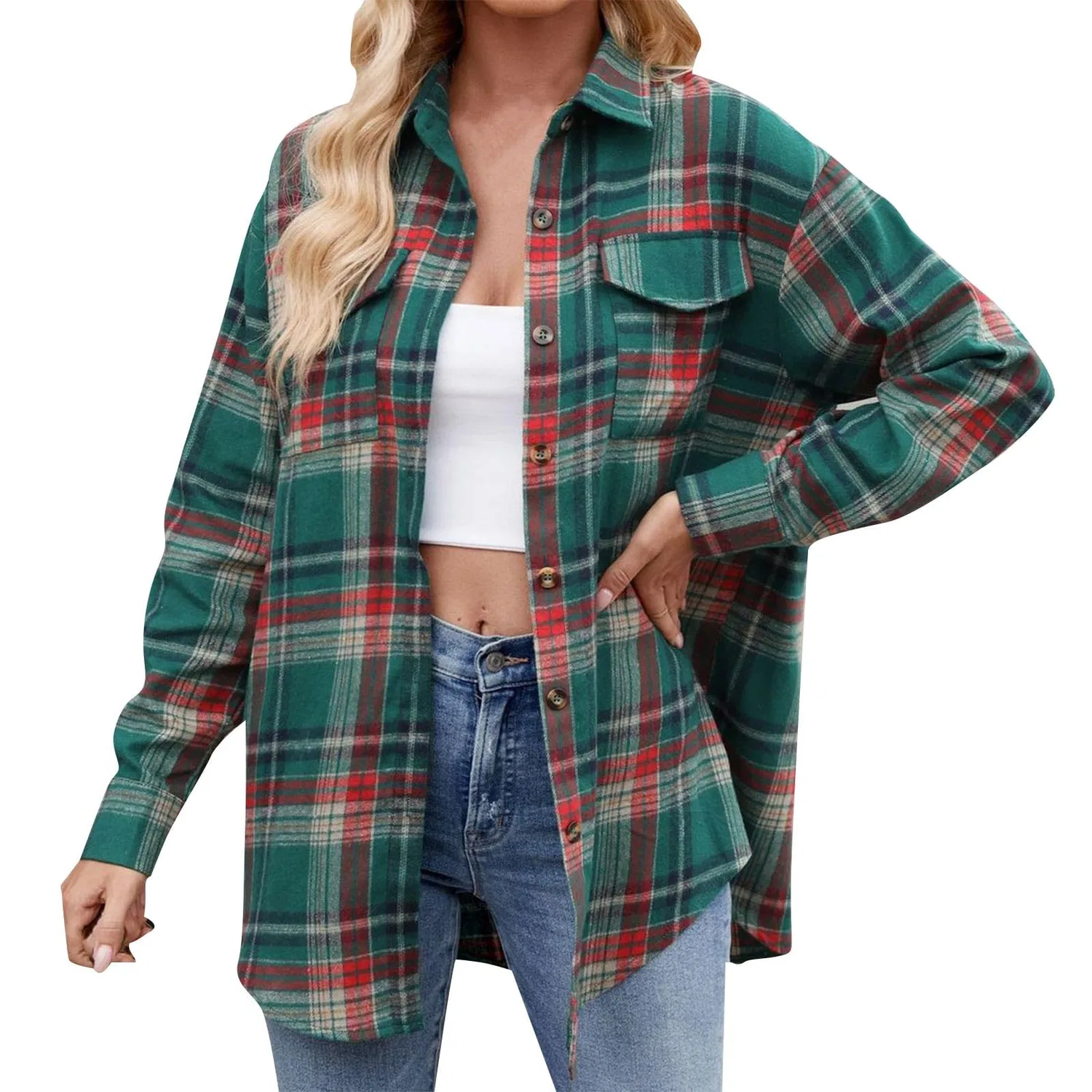 Женская зимняя куртка с принтом Women Plaid Jacket Winter Jacket Chest Pocket Button Down Long Sleeve Teen College Oversized Jacket Y2K, green