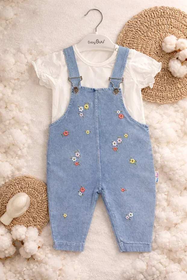 Детский комбинезон для девочек с цветочным принтом Tiny flower embroidery detailed short sleeve baby girl salopet set of 2 Aslin Store, Ecru — фото 3