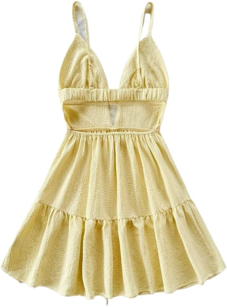 Женское мини-платье на бретелях без спинки с воланами, Yellow — фото 3