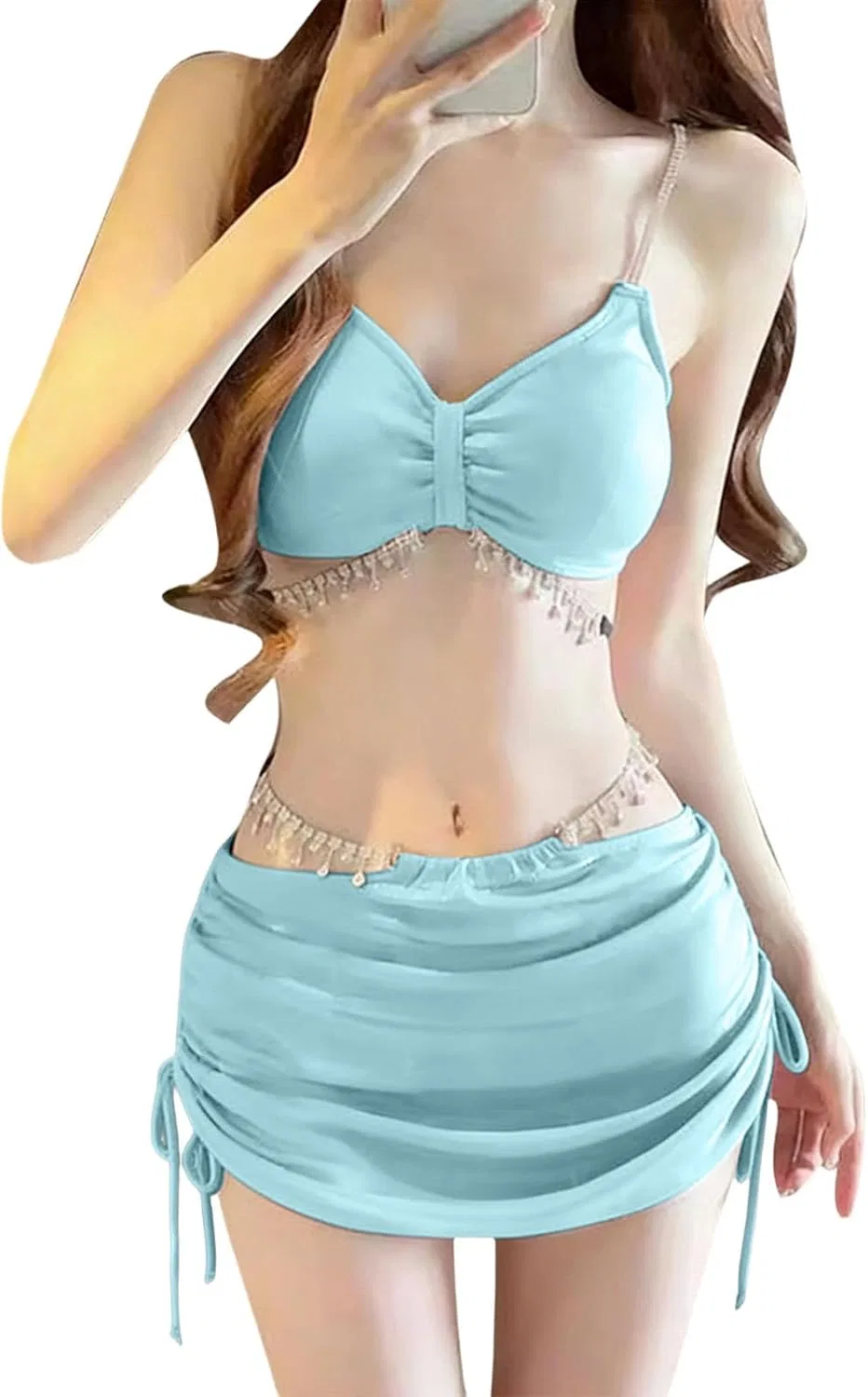 Женский бикини-комплект с пуш-ап и мини-юбкой, Light Blue