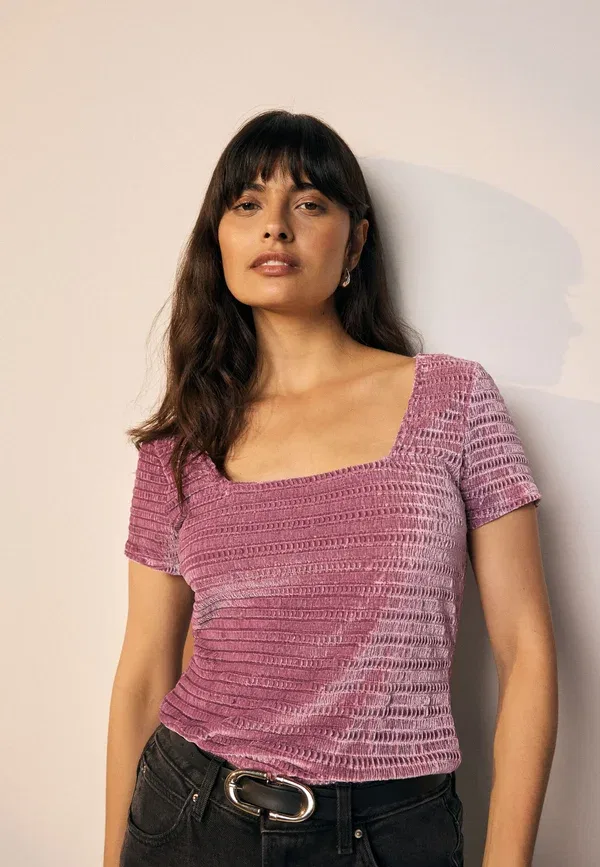 Футболка с принтом Regular Fit Square Neck Shirred, Next, Pink, розовый — фото 2