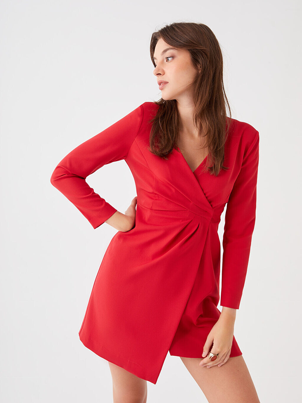 

Женское платье с двубортным воротником и длинным рукавом LCW Casual