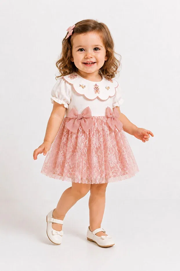 Детское платье для девочек хлопковое Begonya baby girl powder lace detailed bowknot holiday, special occasion dress 6-24 months Cumino, Powder - Ecru — фото 4