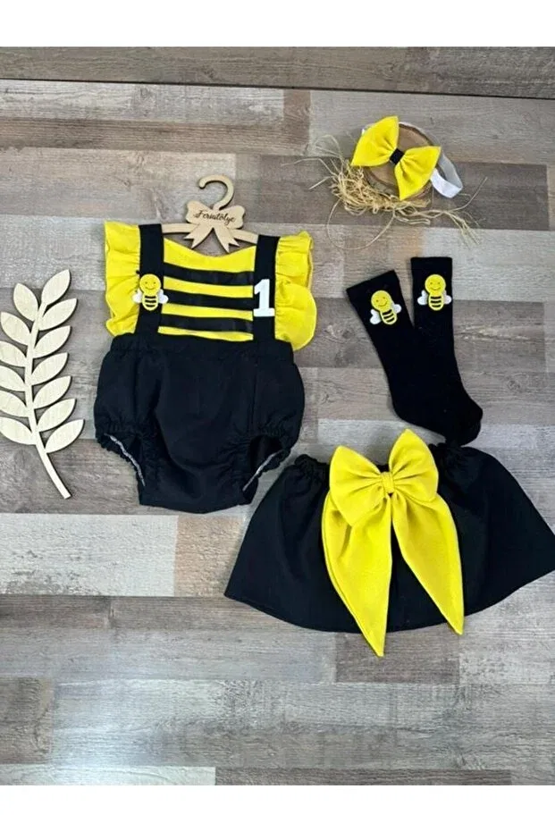 Детское боди-комбинезон для девочек с принтом Handmade bee concept baby girl romper skirt buckle socks set Feriatolye, Black — фото 2