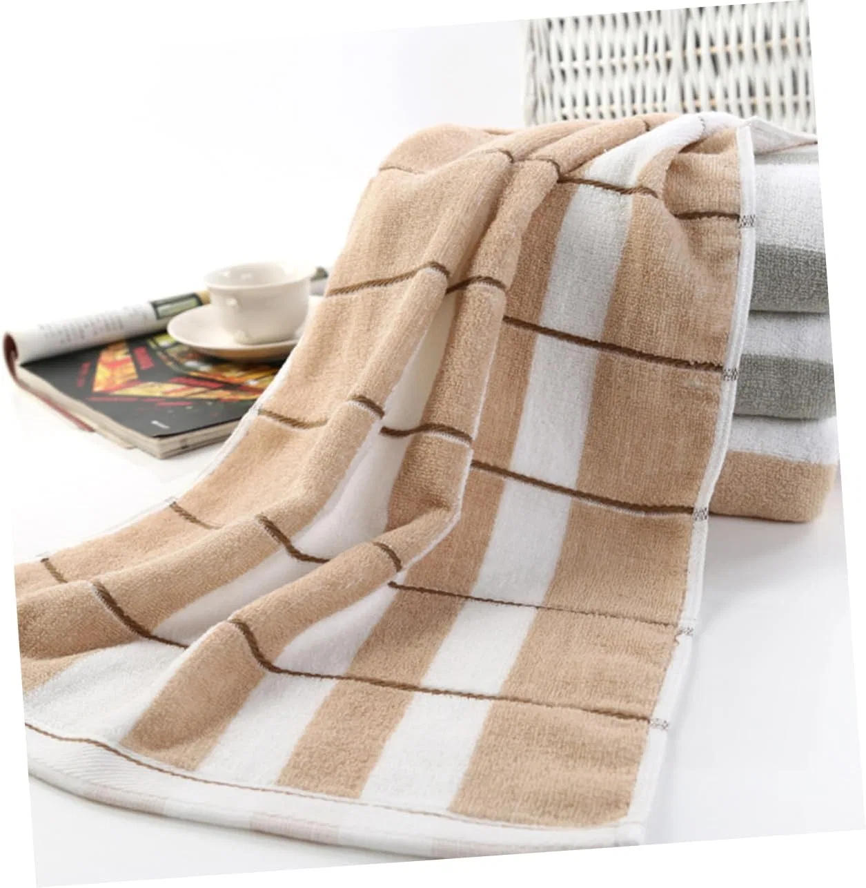 Полотенце для лица из хлопка, Cabilock, 2 шт, 90x40 см, Light Yellow and Light Grey — фото 2