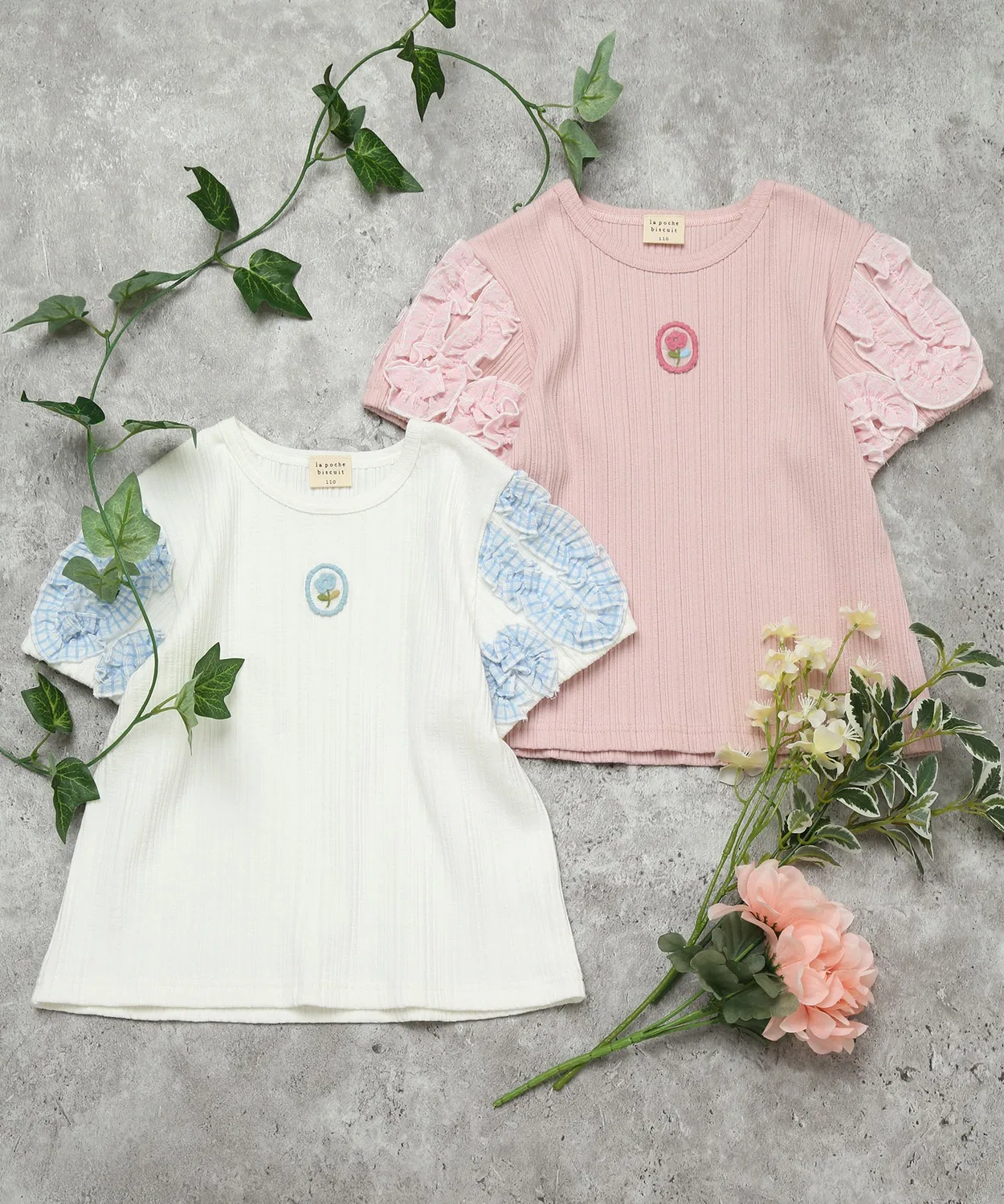 Детская футболка с коротким рукавом с рюшами Check Sleeve Frill la poche biscuit, Pink — фото 2