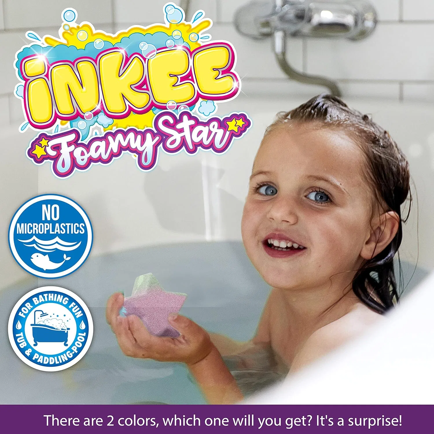 Детская бомбочка для ванны INKEE Foamy Star, набор 2 шт, 140 г, Blueberry, Желтый и Фиолетовый — фото 3