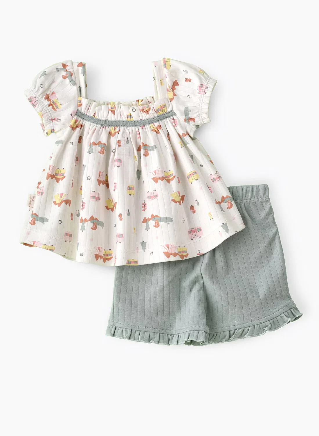 Комплект с принтом кемпинга и шортами в рубчик Elegant Kids, мультиколор — фото 2