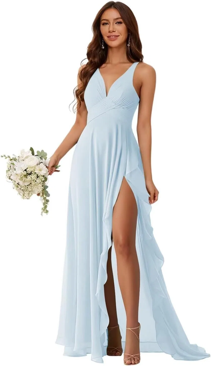 Женское вечернее платье A-силуэта с разрезом Chiffon, Light Blue
