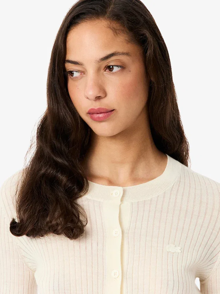Кардиган LACOSTE Ribbed 70V, мериносовая шерсть, V-образный вырез — фото 2