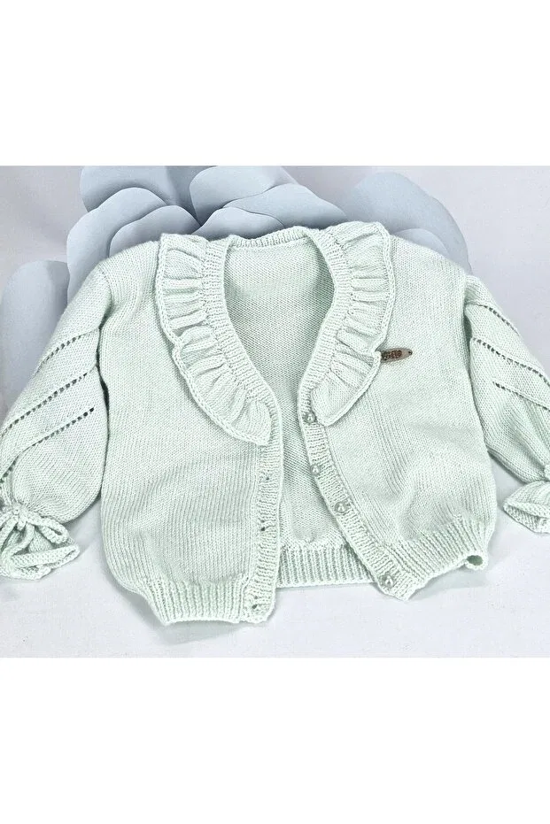 Детский кардиган с воротником-рюш для девочек Hand knitted girl's ruffle collar cardigan Evitle, Water Green