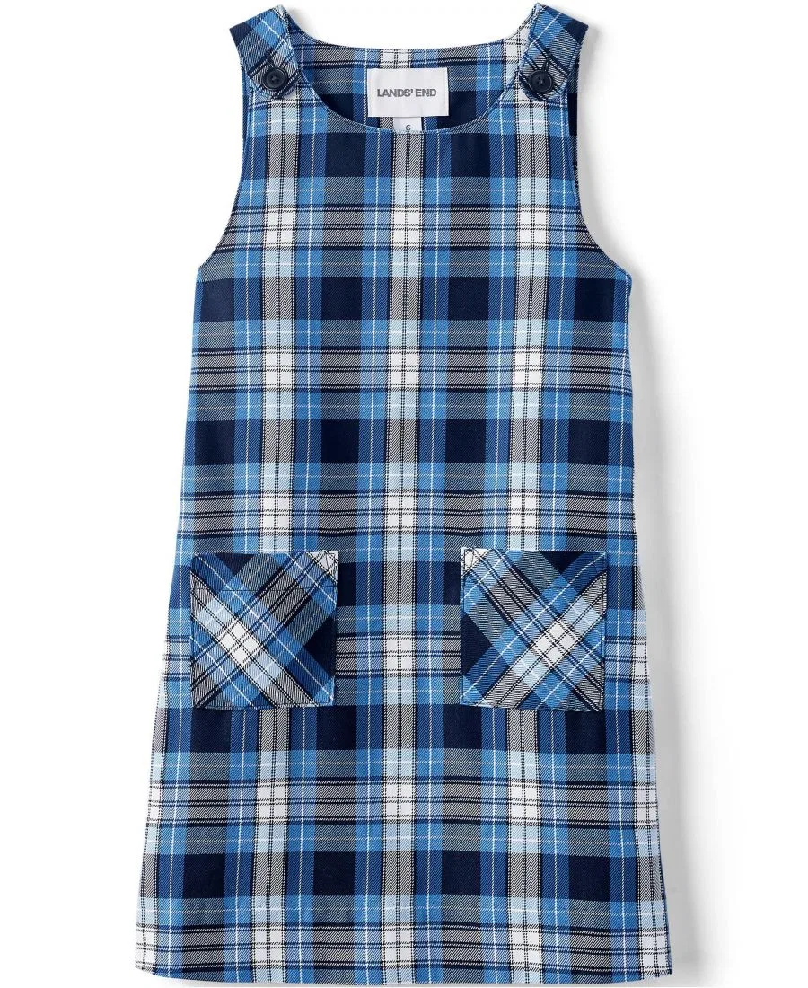 Платье-джемпер с пуговицами на плечах и накладными карманами Lands' End, Clear Blue Plaid — фото 3