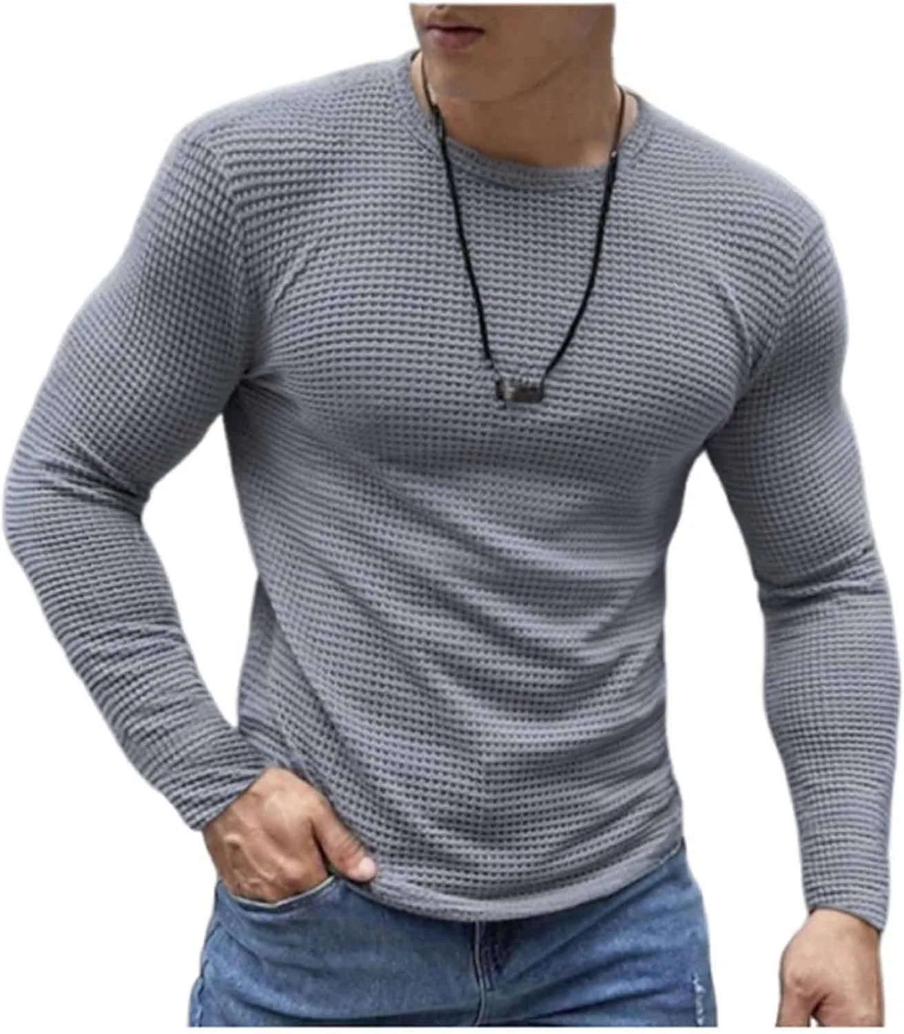 Мужская футболка с вязаным узором вафель, Long Sleeve Shirt for Men, Gray