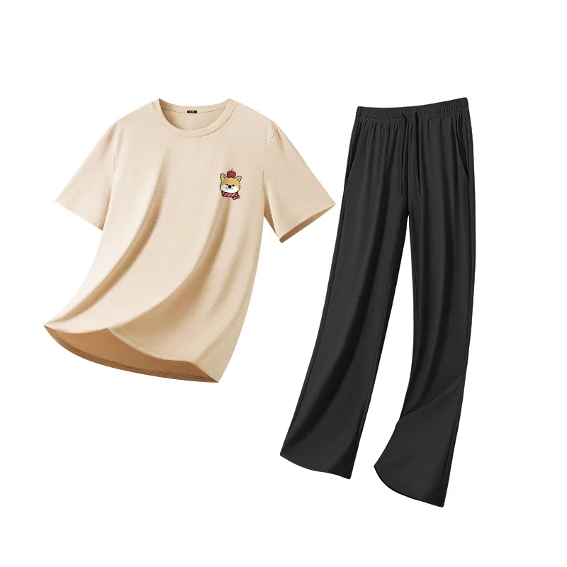 Детский комплект пижам 2 шт MINISO, Khaki (Ma Cat and Dog Amusement Park Chest Logo)+Black
