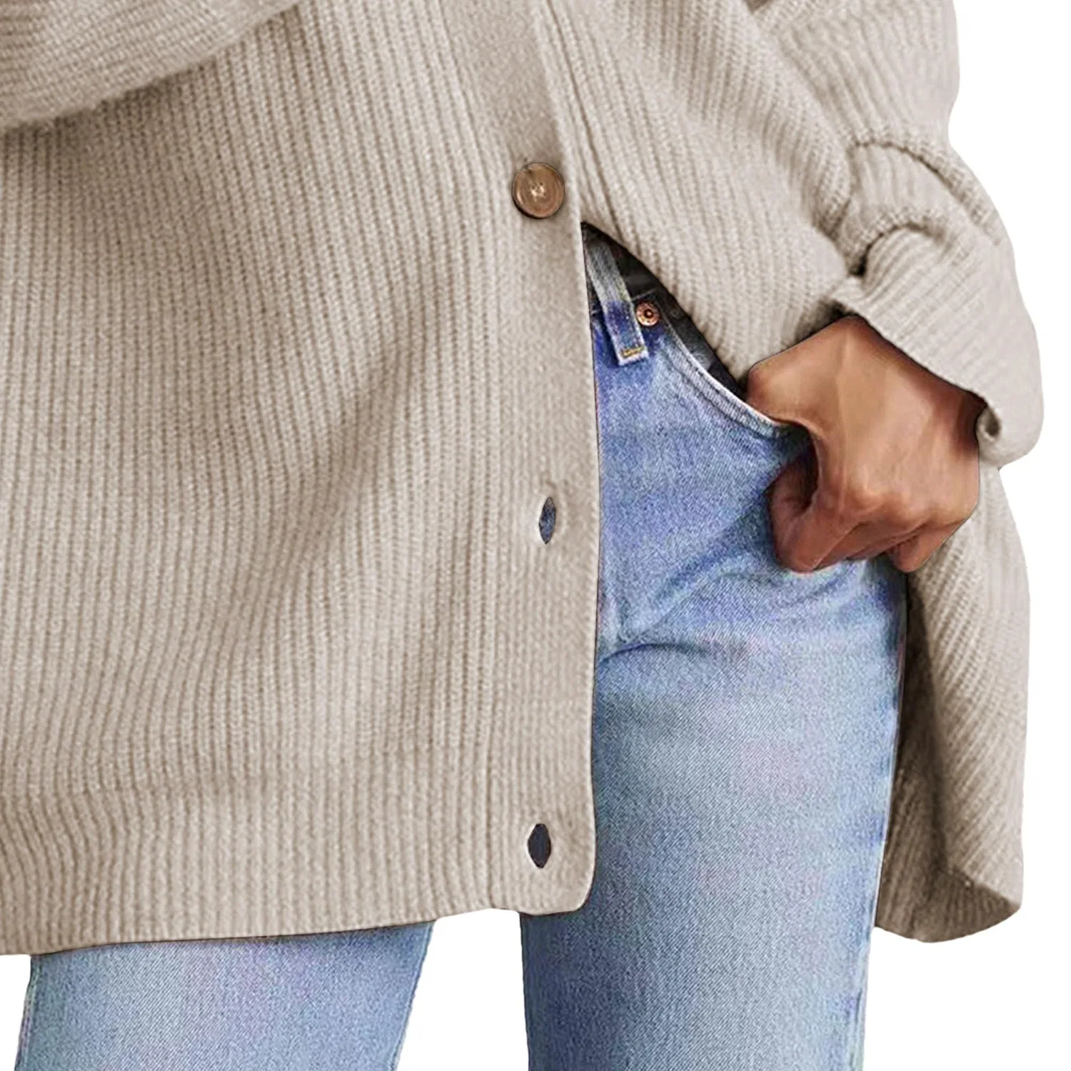 Женский вязаный кардиган с V-образным вырезом и длинным рукавом, Light Khaki — фото 4