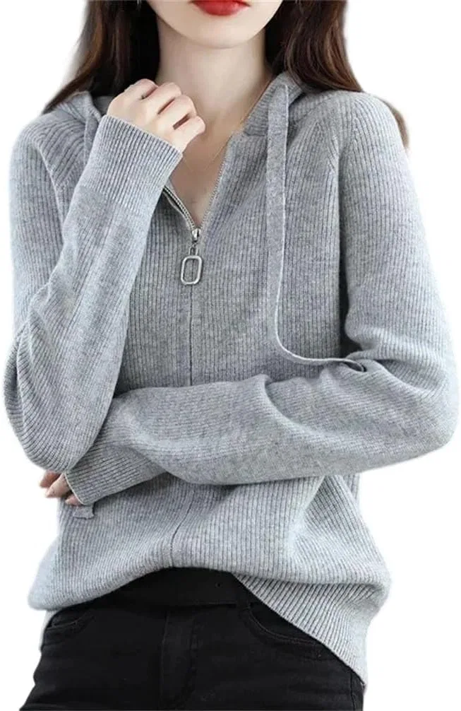 Женский кардиган с капюшоном и карманами, Cashmere Knitted, светло-серый
