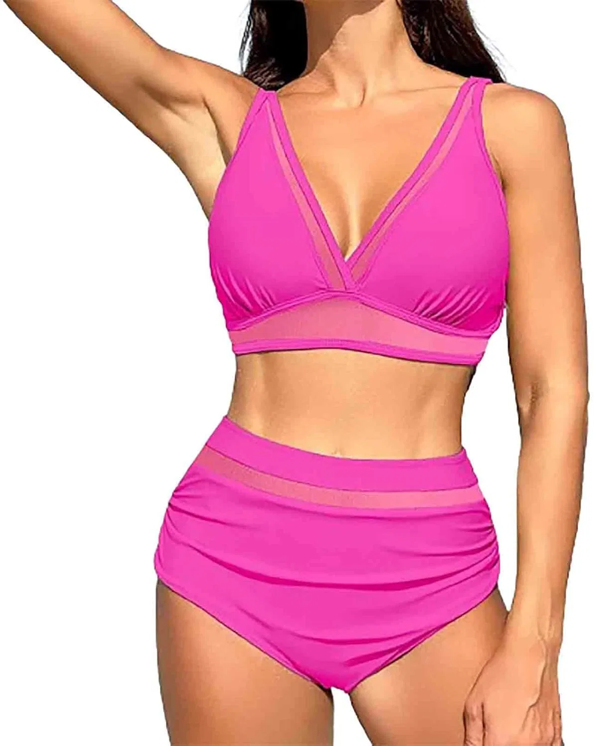 Женский бикини-сет с завышенной талией V-образным вырезом, Hot Pink
