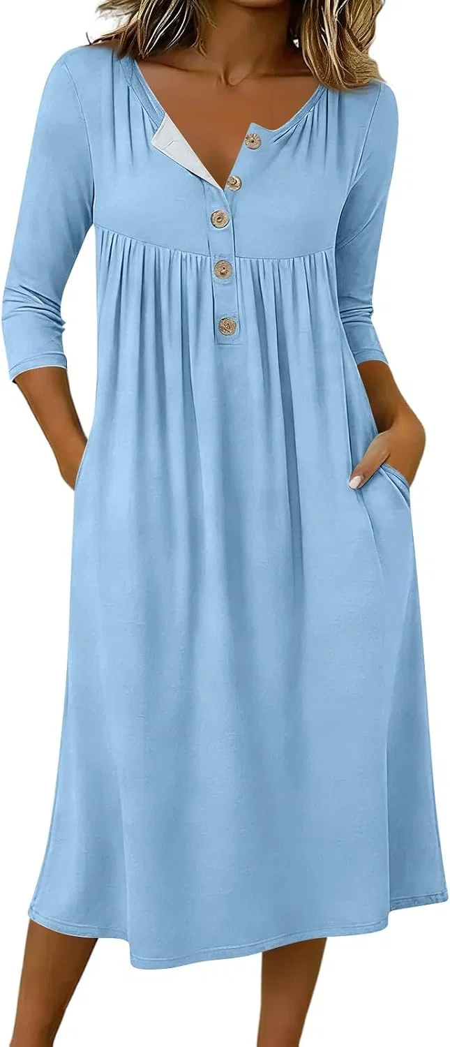 Женское платье миди с пуговицами A-line, Light Blue
