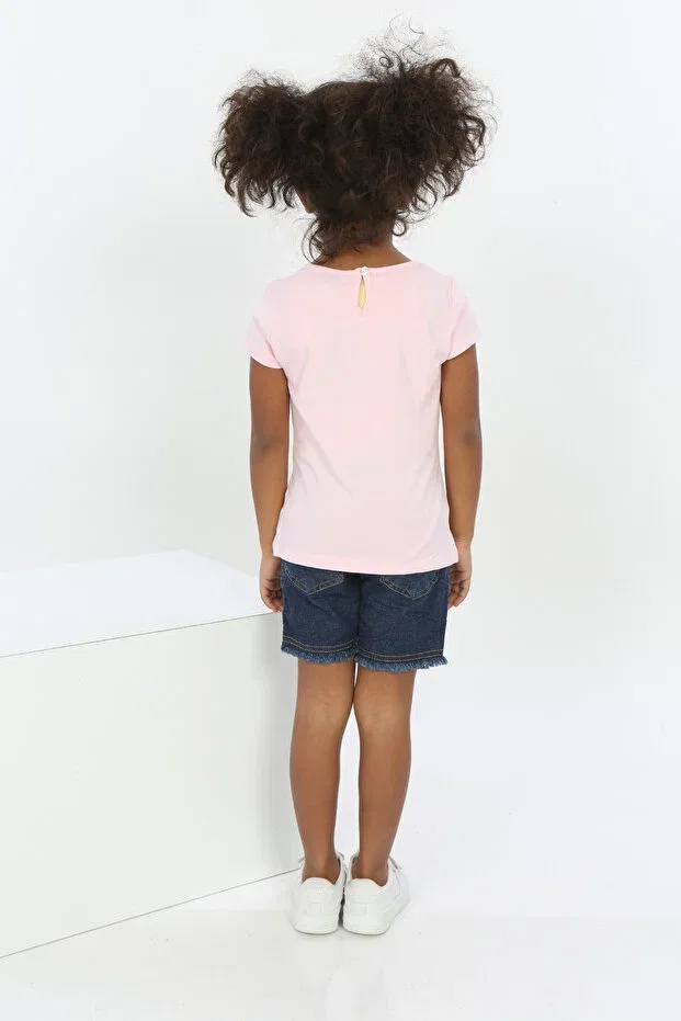 Детская футболка для девочек с принтом Embroidered Chest Musical Note Printed T-Shirt Toontoy, Light Pink — фото 4