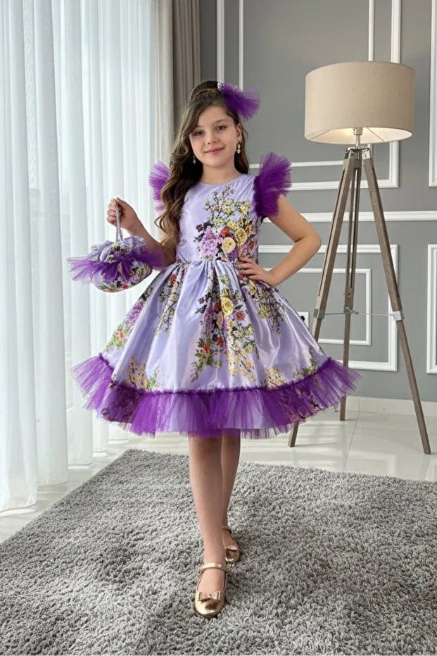 Детское платье для девочек с принтом Floral print satin bagged buckled style children's evening dress Abiyekids, Purple