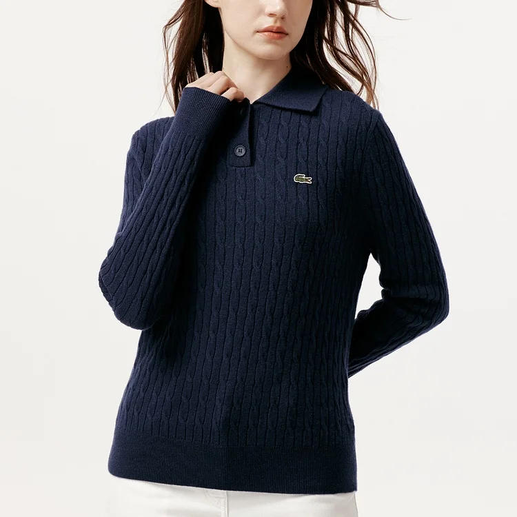Женская футболка Lacoste, трикотажная поло с умеренным воротником, темно-синий — фото 3
