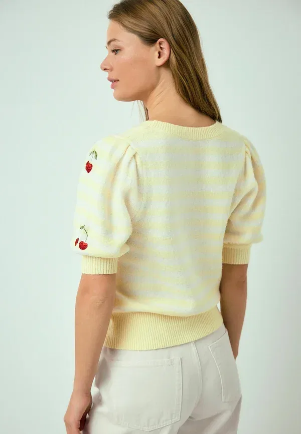 Футболка с принтом Regular Fit Puff Sleeve, Next, Yellow Stripe Cherry Embroidery — фото 4