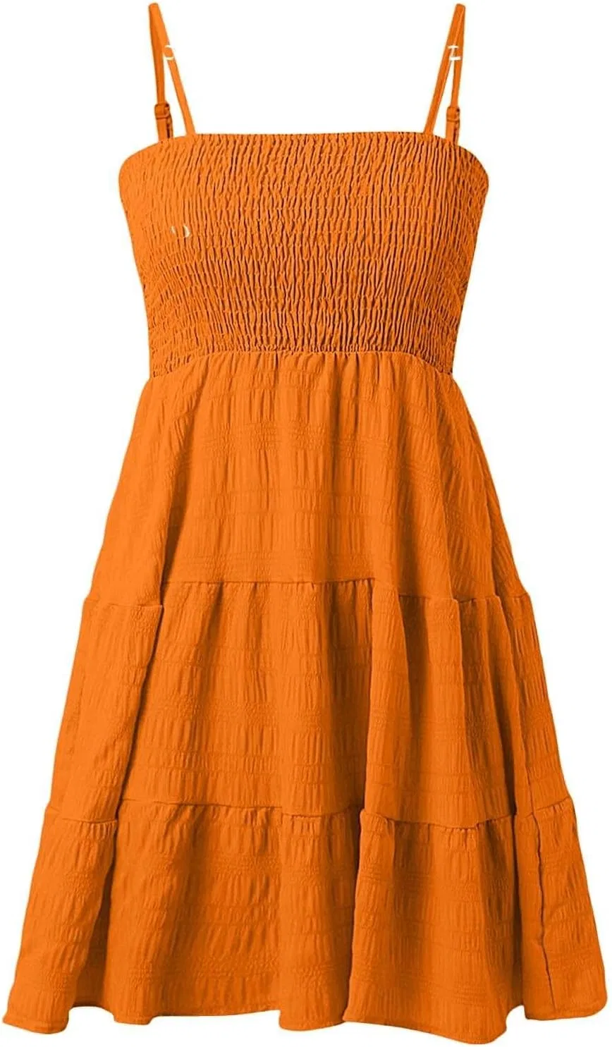 Женское мини-платье на бретелях с смок-деталью Generic, Orange — фото 3