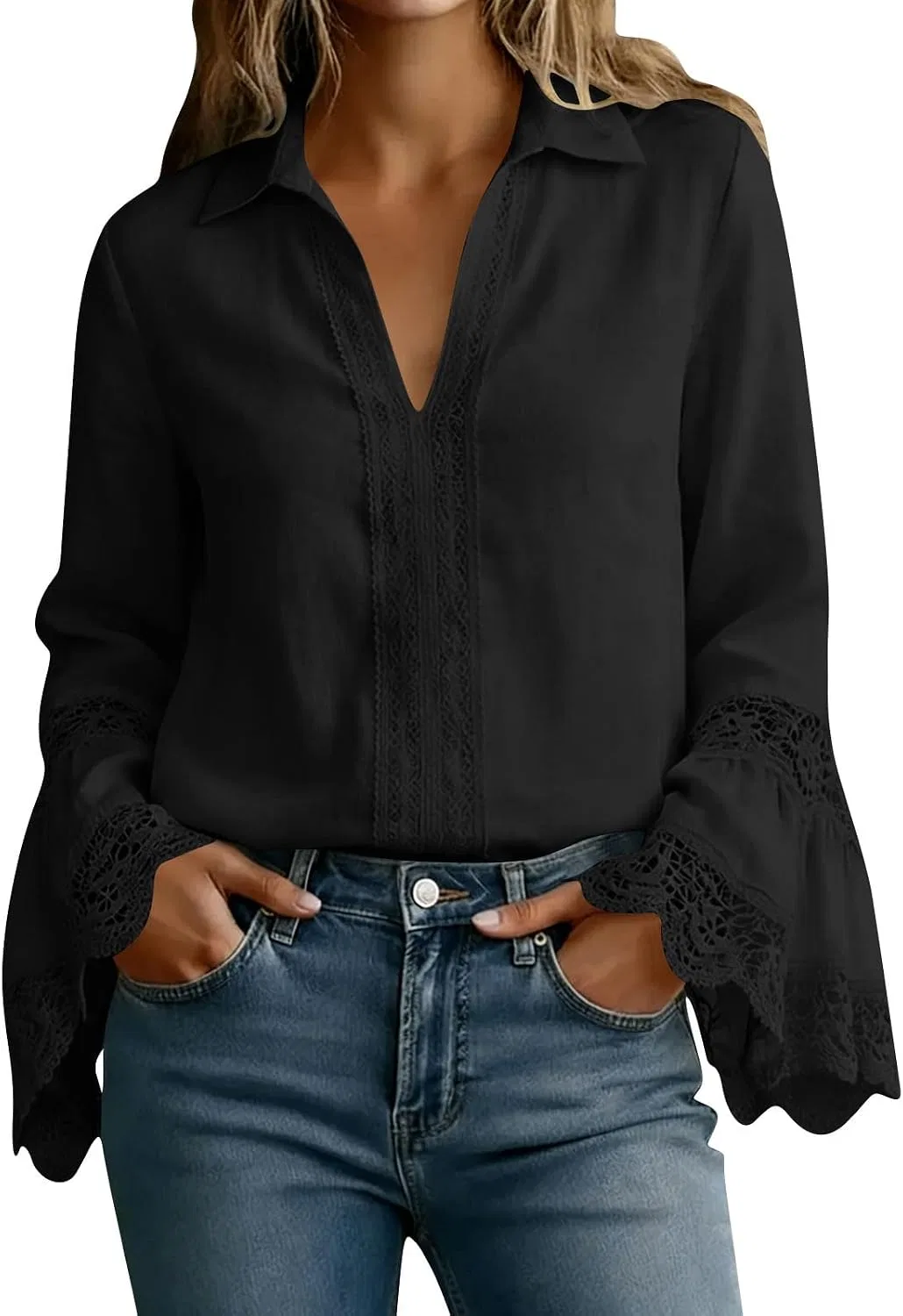 Женская блузка с длинным рукавом, Linen Tops, чёрный