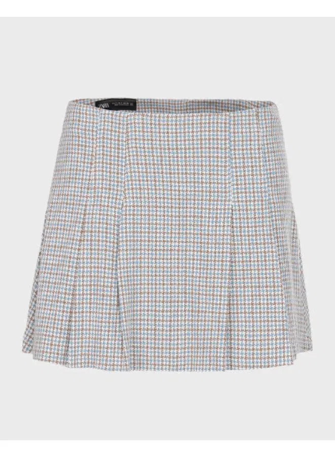 Юбка плиссированная мини-трапеция Zara, синий/коричневый
