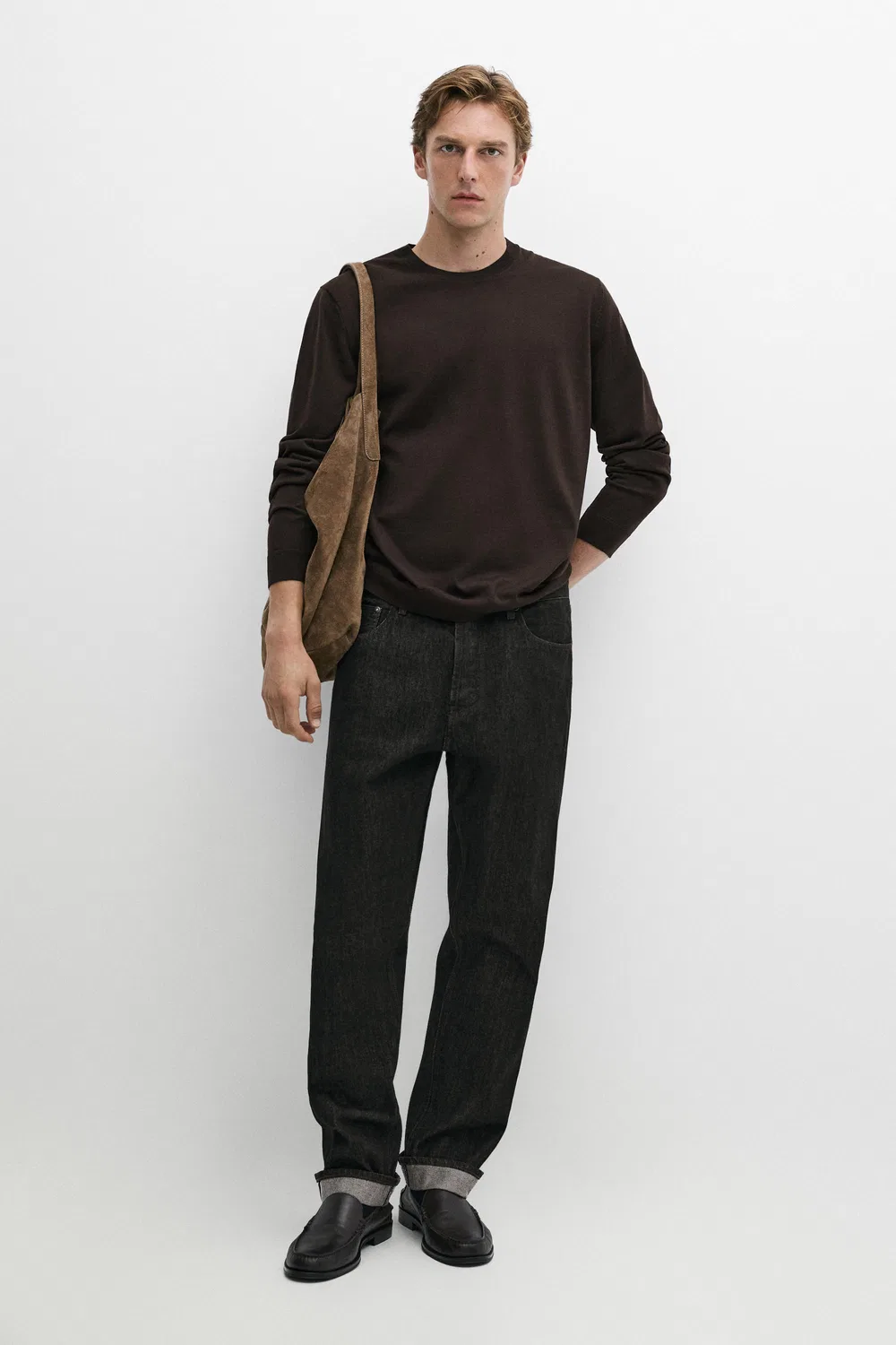 Свитер Massimo Dutti, круглый вырез, коричневый