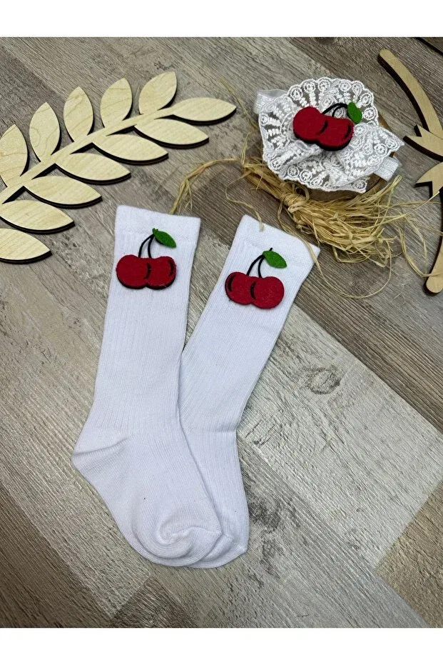 Детские носки для девочек с принтом Cherry Figured White Lace Headband And White Cherry Concept Baby Girl Knee Socks Feriatolye, White — фото 2