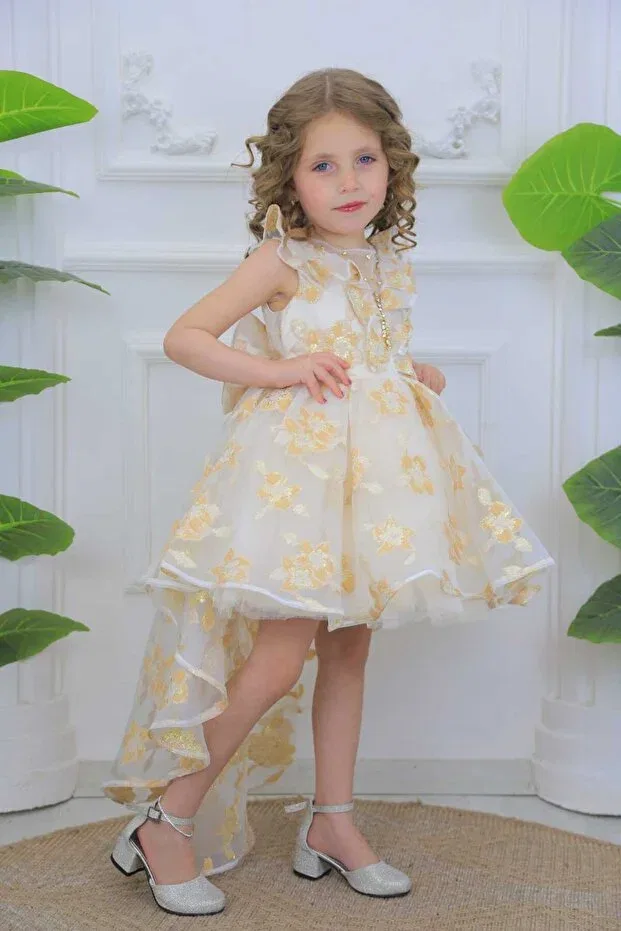 Детское платье для девочек с принтом Short front and back long flower patterned stone detailed girl's evening dress Miss Rain, Cappi