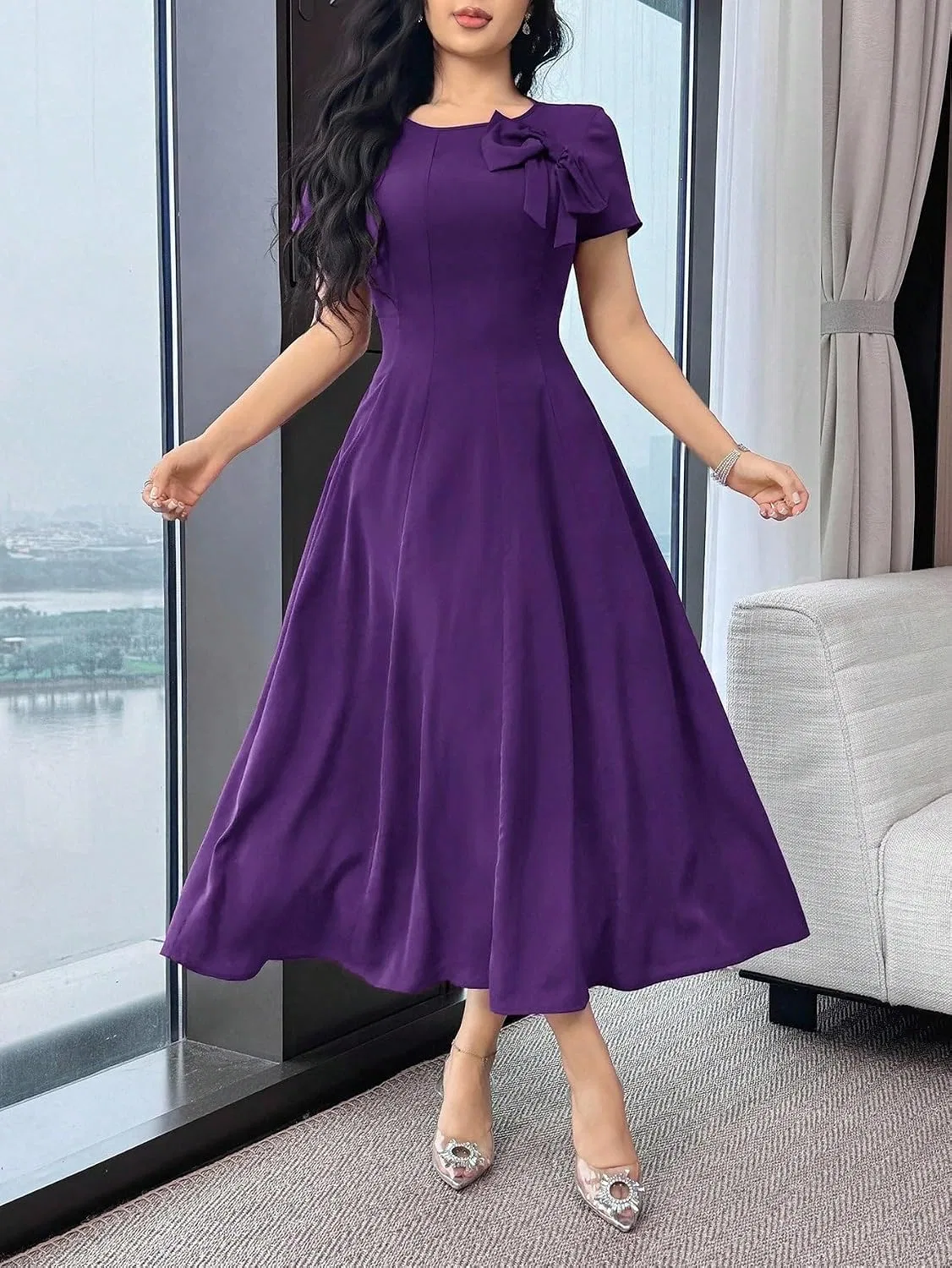 Женское элегантное мини-платье с круглым вырезом, Purple — фото 2