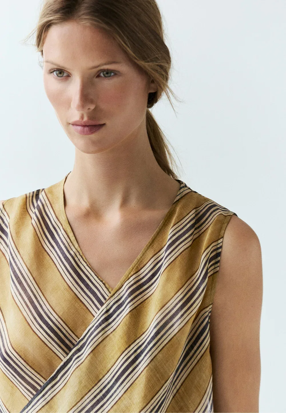 Струящаяся полосатая блузка-топ из смеси рами с запахом Massimo Dutti, Dark Yellow — фото 3