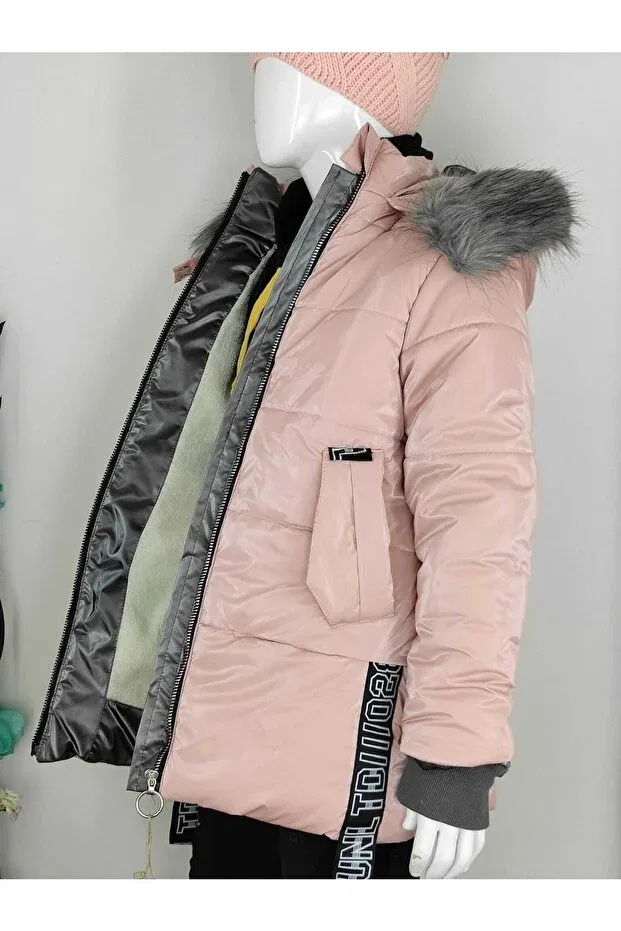 Детское пальто для девочек с капюшоном из флиса Midimod Gold, Pink — фото 2
