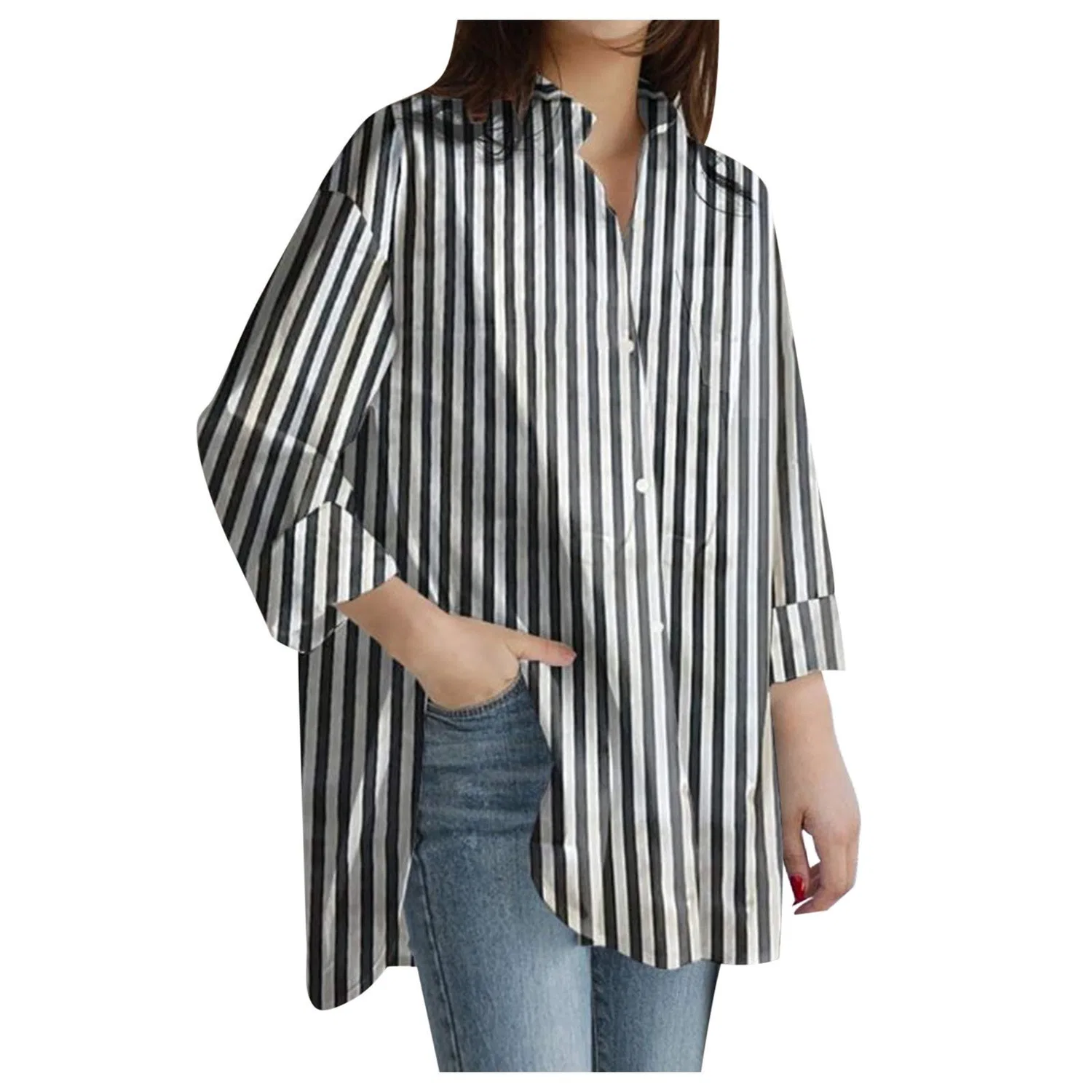Женская блузка с длинным рукавом с боковыми разрезами Topko Plus Size, Black Stripes