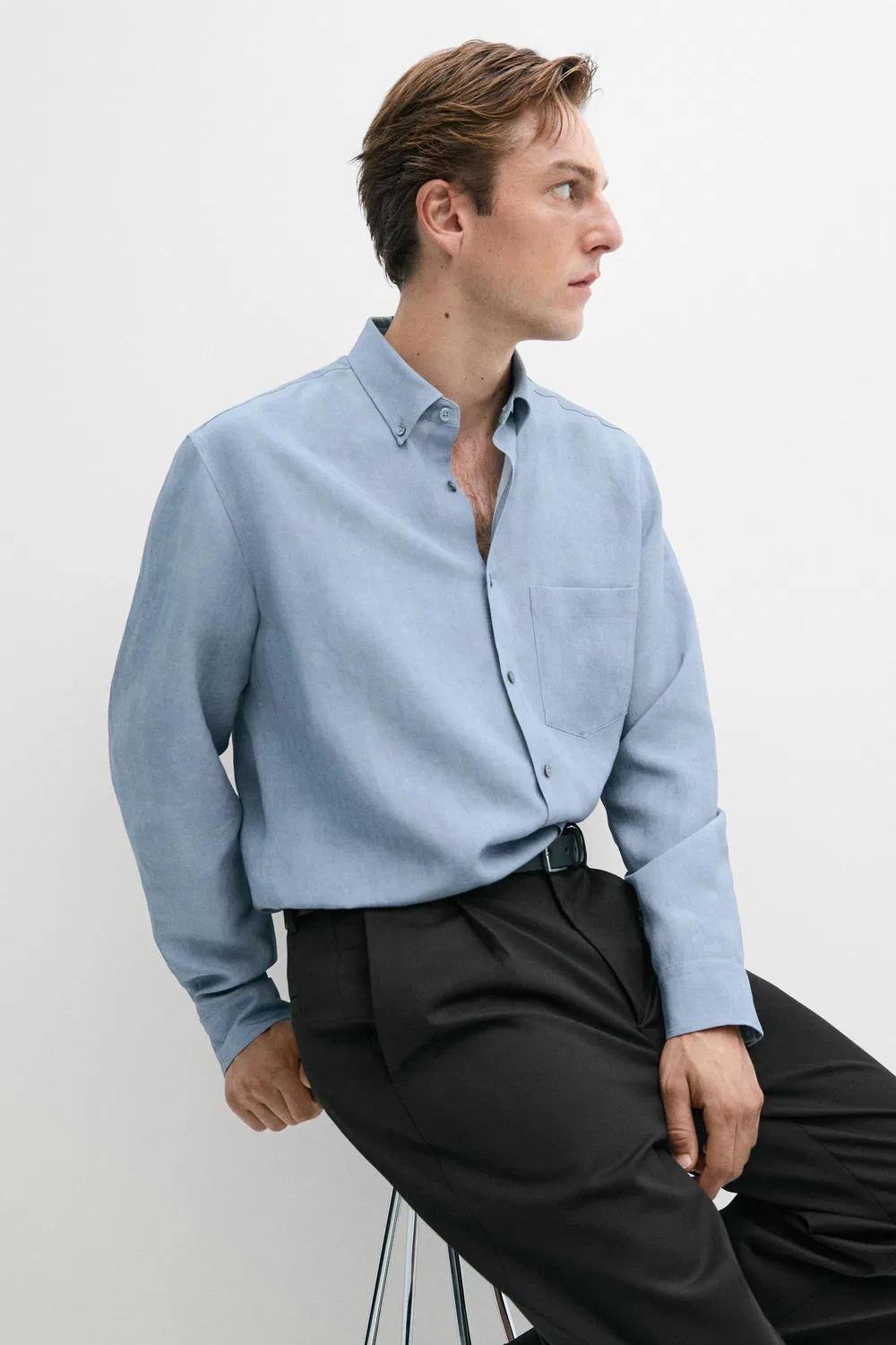 Рубашка Massimo Dutti, свободная, из лиоцелла и льна, синяя — фото 4