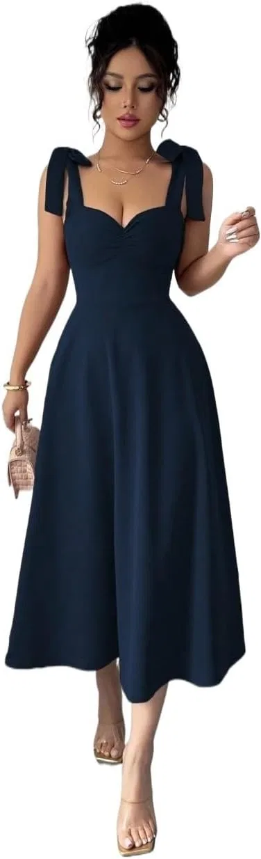 Женское повседневное платье миди с завязками A-силуэта, Navy Blue