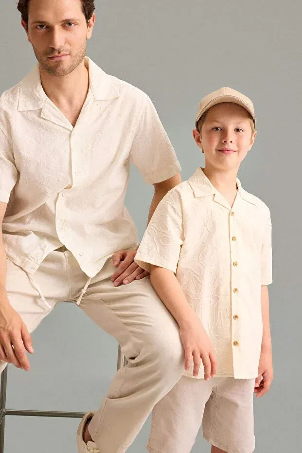 Детская рубашка для мальчиков с коротким рукавом Regular fit apaş collar brode short sleeve Defacto, Beige-Bg123
