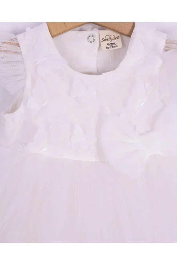 Детское платье из фатина с принтом Flying Butterfly Bow Detail Bandana Serkon Baby, Ecru — фото 2