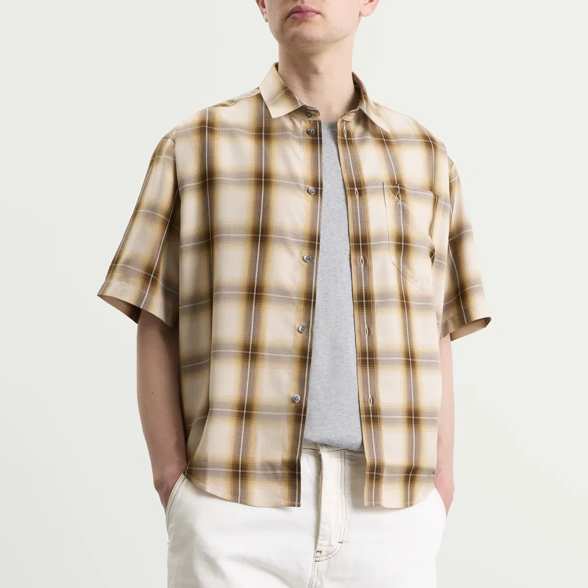 Рубашка с принтом Adc Check Canvas Short Sleeve Shirt Ami Paris, Taupe Beige/Caramel — фото 2
