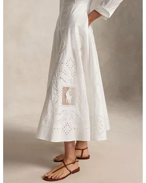Женское платье-рубашка с вышивкой Cotton eyelet shirt dress Ralph Lauren, белый — фото 4