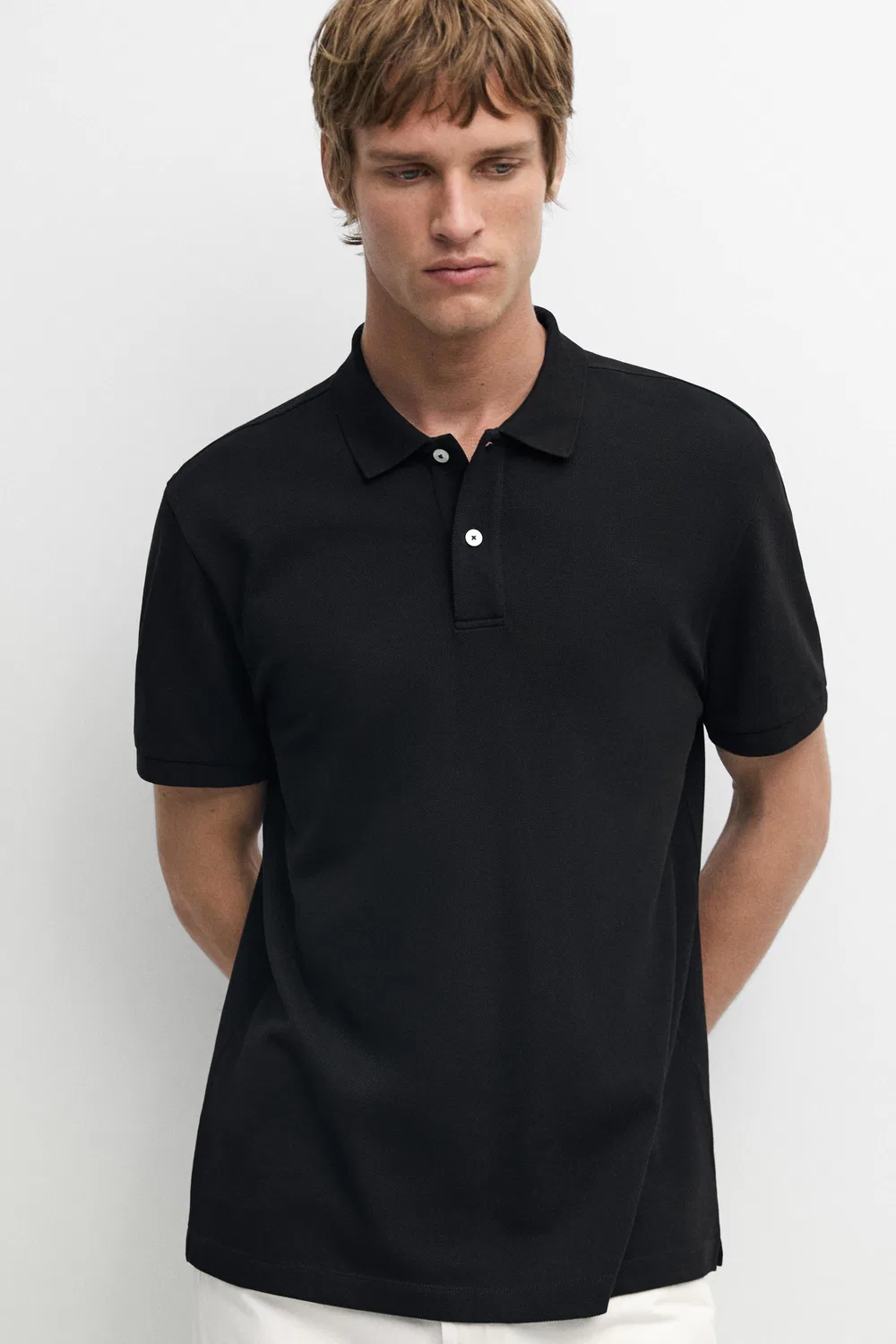 Поло из микротекстурированного хлопка пике Massimo Dutti, черный — фото 4