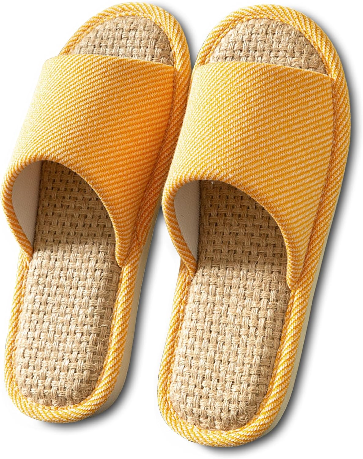 

Домашние тапочки EitCaton для женщин и мужчин, из ткани, для дома и улицы, с нескользящей подошвой из пеноматериала с эффектом памяти, открытым носком, мягкой подошвой, из льна, унисекс, моющиеся, из хлопка, желтый