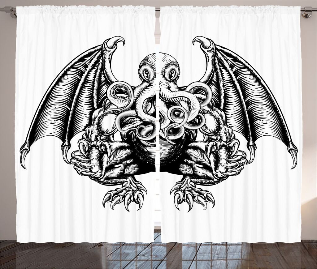 

ABAKUHAUS Space Rustic Curtain, Cosmic Evil Monster, универсальные ленточные шторы для гостиной с петлями и крючками, 280 x 260 см, белый черный