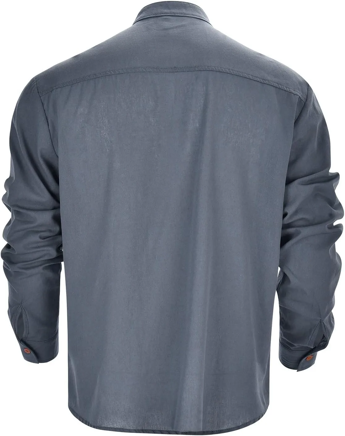 Мужская хлопковая льняная рубашка slim fit с отложным воротником на пуговицах, длинный рукав, однотонная, повседневная винтажная куртка Generic, серый — фото 4